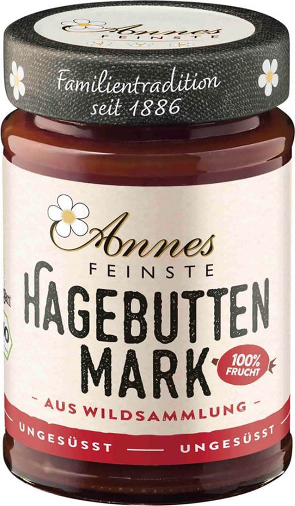 A jar of Hagebuttenmark (rosehip puree) with its label.