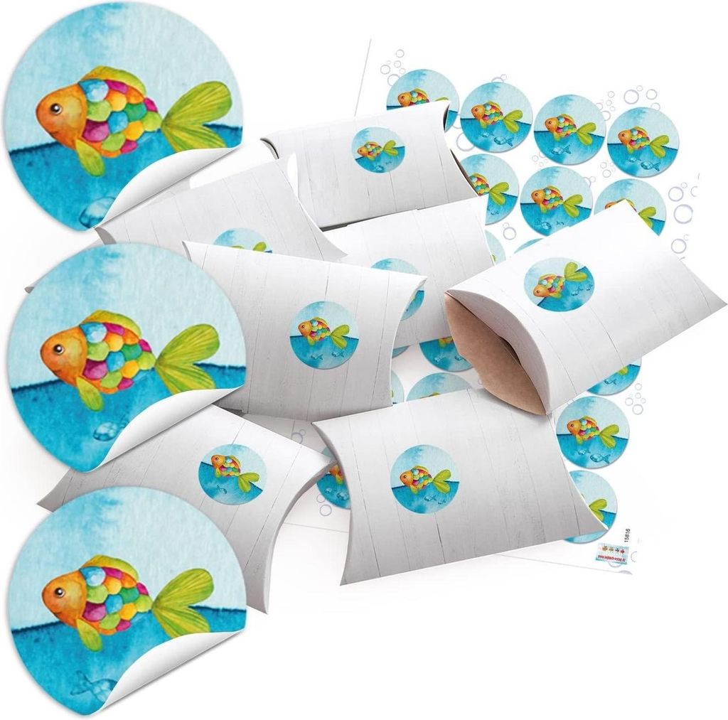 24 kleine Boxen Geschenkschachteln blau türkis REGENBOGEN-FISCHE Holz Optik weiß 14,5 x 10,5 cm ca. 3 cm + 24 runde Aufkleber - Verpackung Kinder...