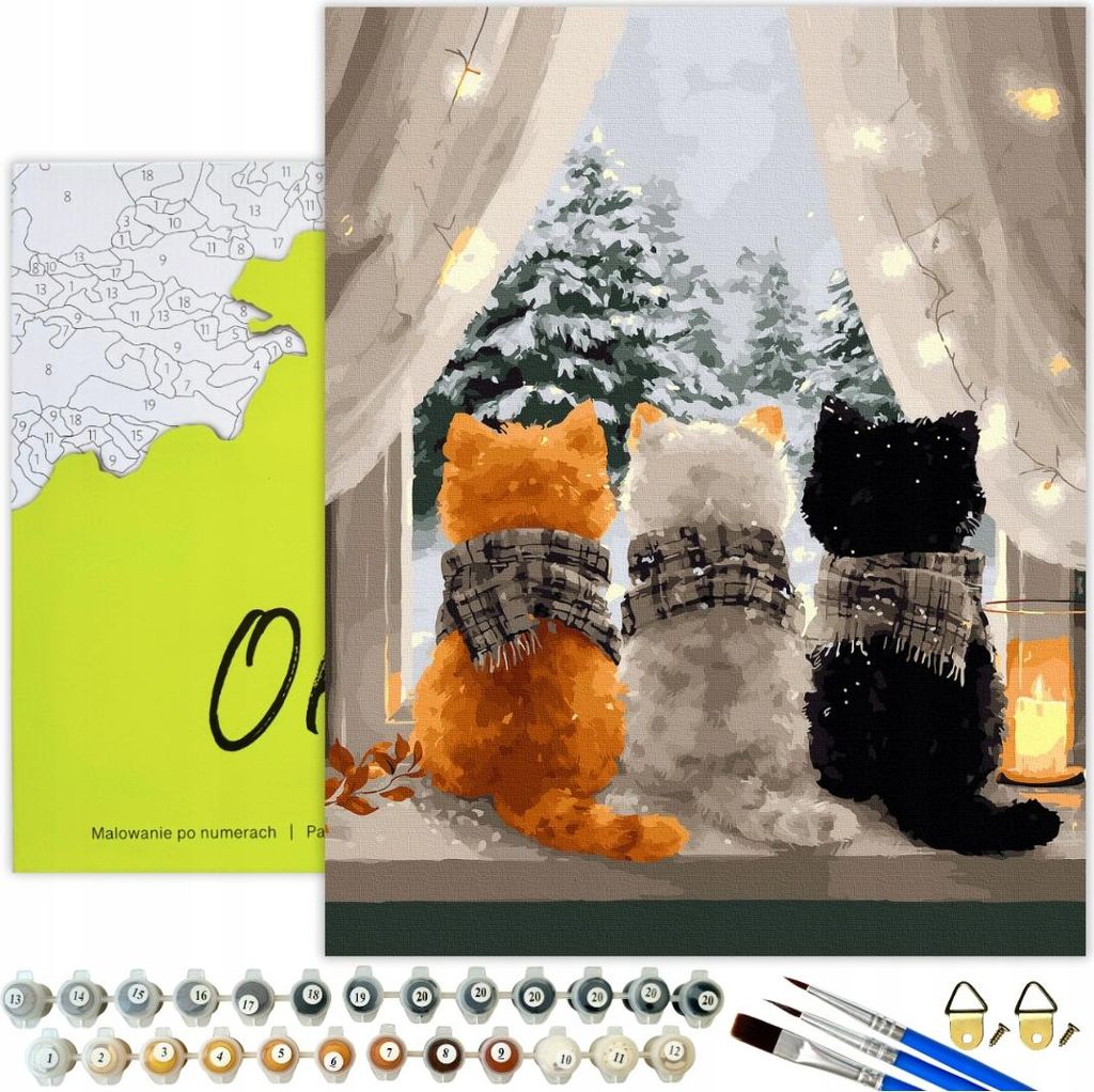 Malen nach Zahlen Erwachsene & Kinder Tiere Katzen Fenster 50x40 - 32 Acrylfarben, Leinwand mit Holzrahmen, 3 Pinseln und Zubehör Oh Art!