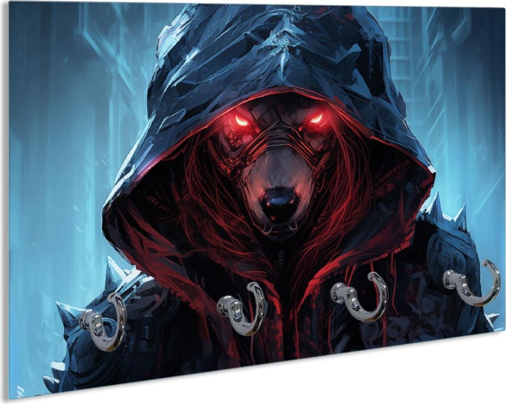 Wallario Handtuchhalter aus Glas, Motiv: Dunkler Cyberwolf, 30 x 20 cm mit 4 Haken