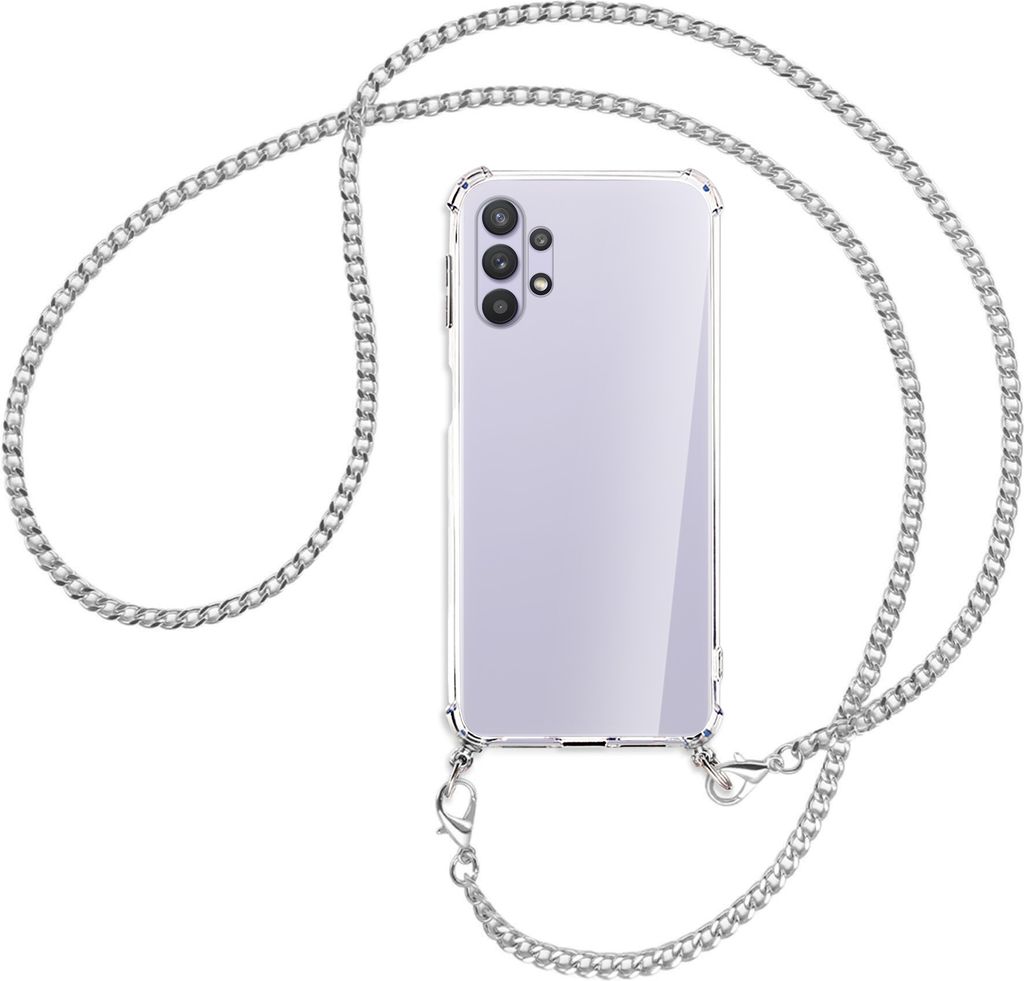 Handykette Backcover-Schutzhülle mit Band (Metall silberfarben) für Samsung Galaxy A32 5G - silberfarbene Kette