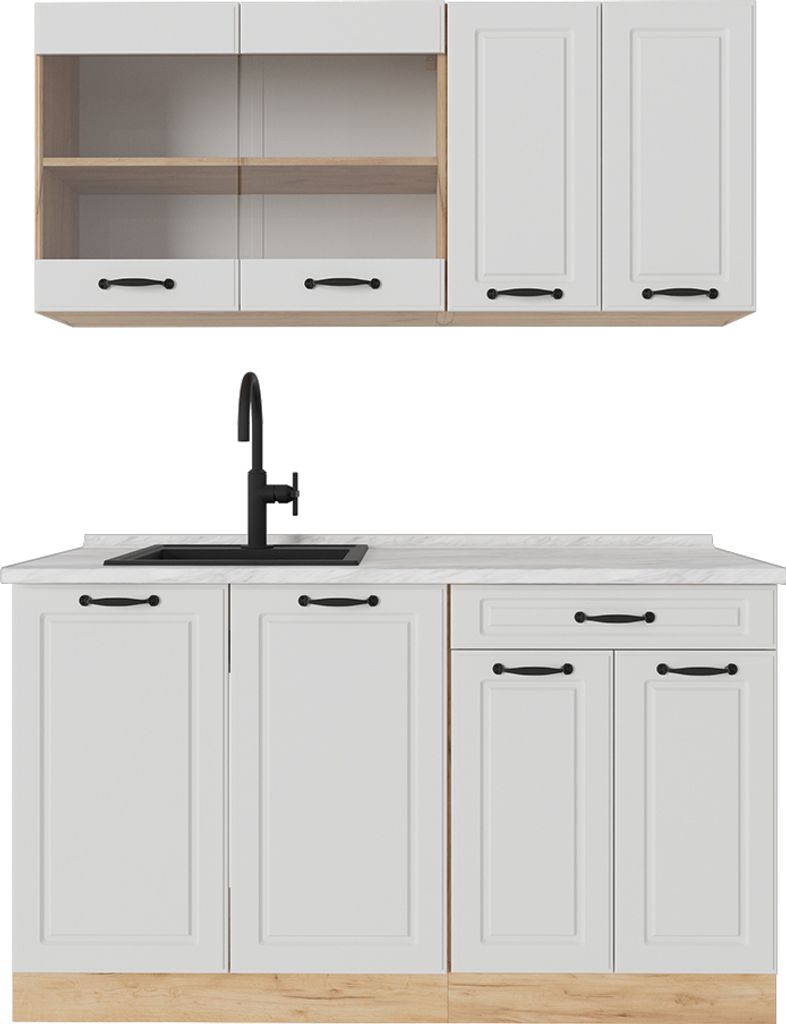 Singleküche Vicco R-Line Weiß Landhaus/Goldkraft Eiche 140 cm , AP Marmor, Model 53529