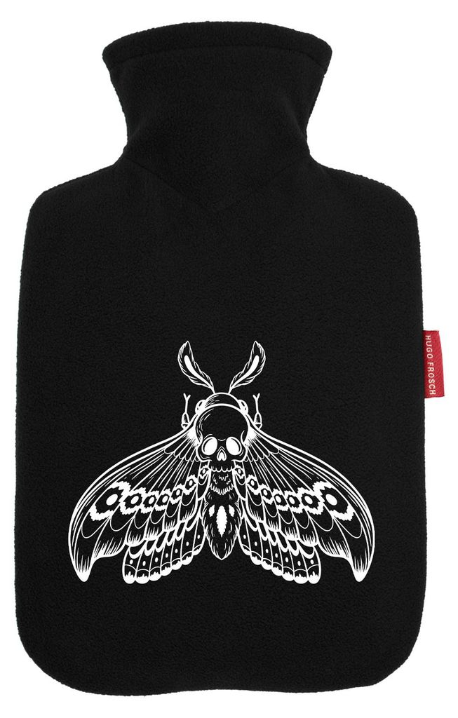 Huuraa Wärmflasche Totenkopfschwärmer Motte 1,8 Liter Black Classic Veloursbezug Bettflasche Geschenkidee