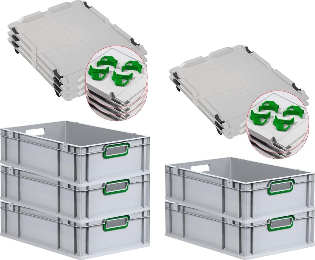 SuperSparSet 5x Eurobox NextGen Color mit Auflagedeckel und Schiebeschnappverschlüsse | HxBxT 17x40x60cm | 34 Liter | Griffe grün offen | Glatter...