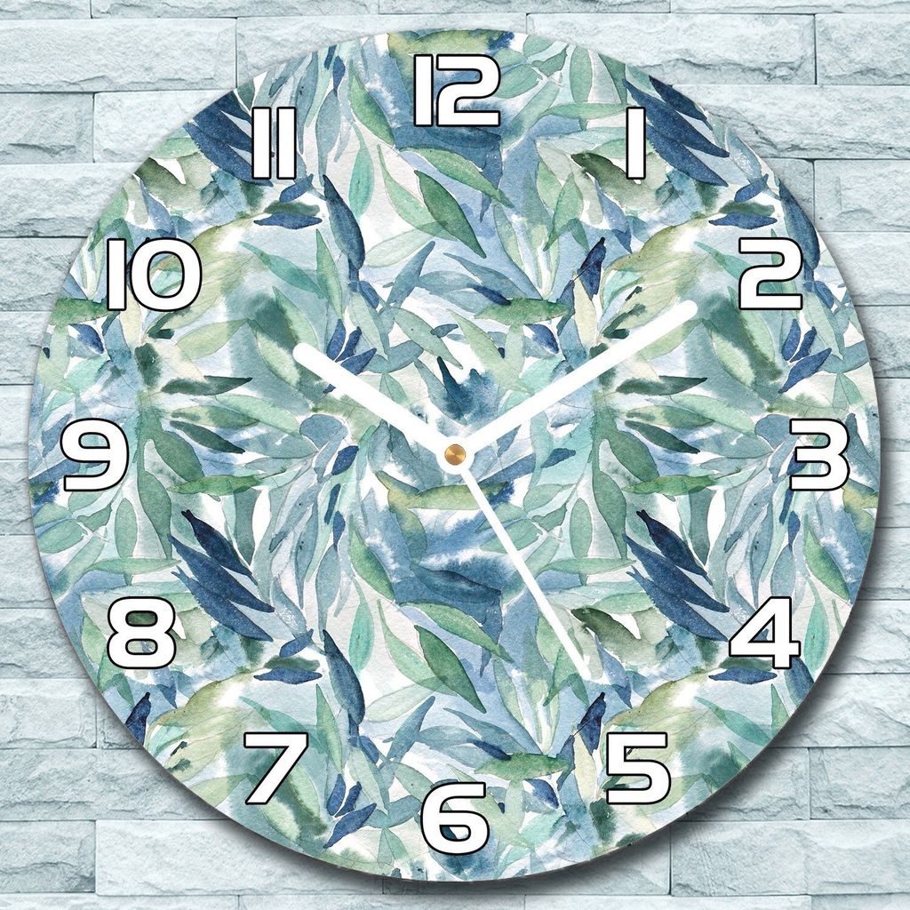 Wanduhr aus Glas Rund fi 30 Blaue Grüne Blätter Quarz Deko Produktbild 
