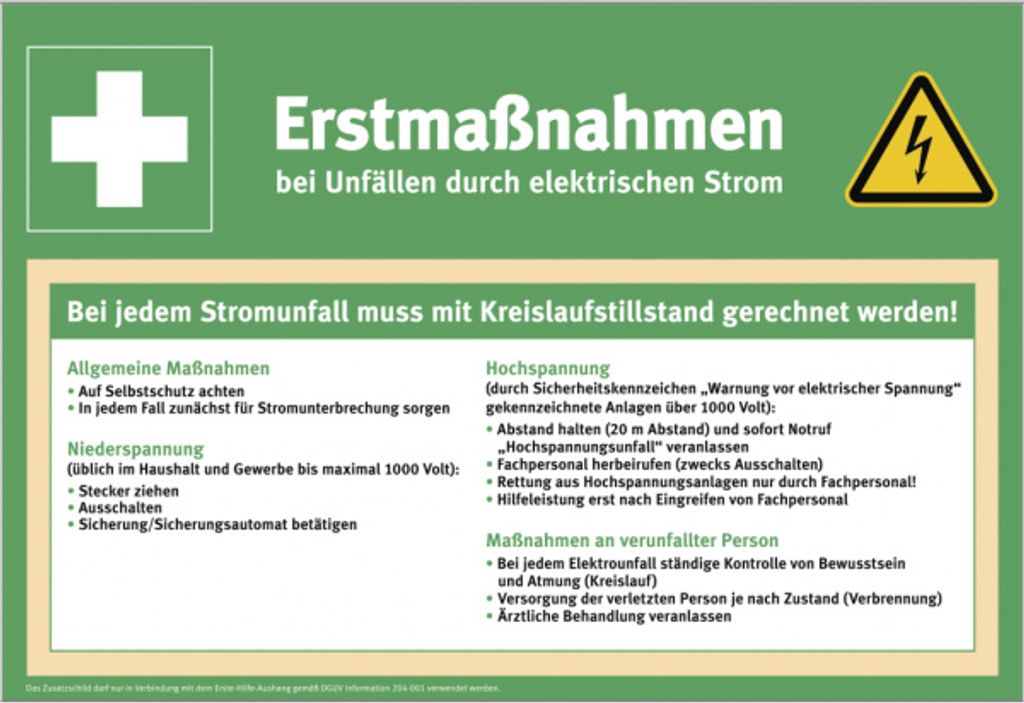 Dreifke Zusatzschild Erstmaßnahmen bei Unfällen mit elektr. Strom, PVC, 410x...