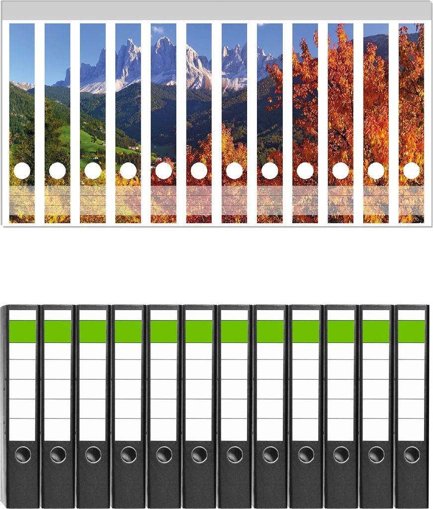 Wallario 12 Stück schmale Ordner inkl. Klebeetiketten mit Motive Herbst im Gebirgstal unter blauem Himmel - Set mit Rückenschildern / Ordnerrüc...