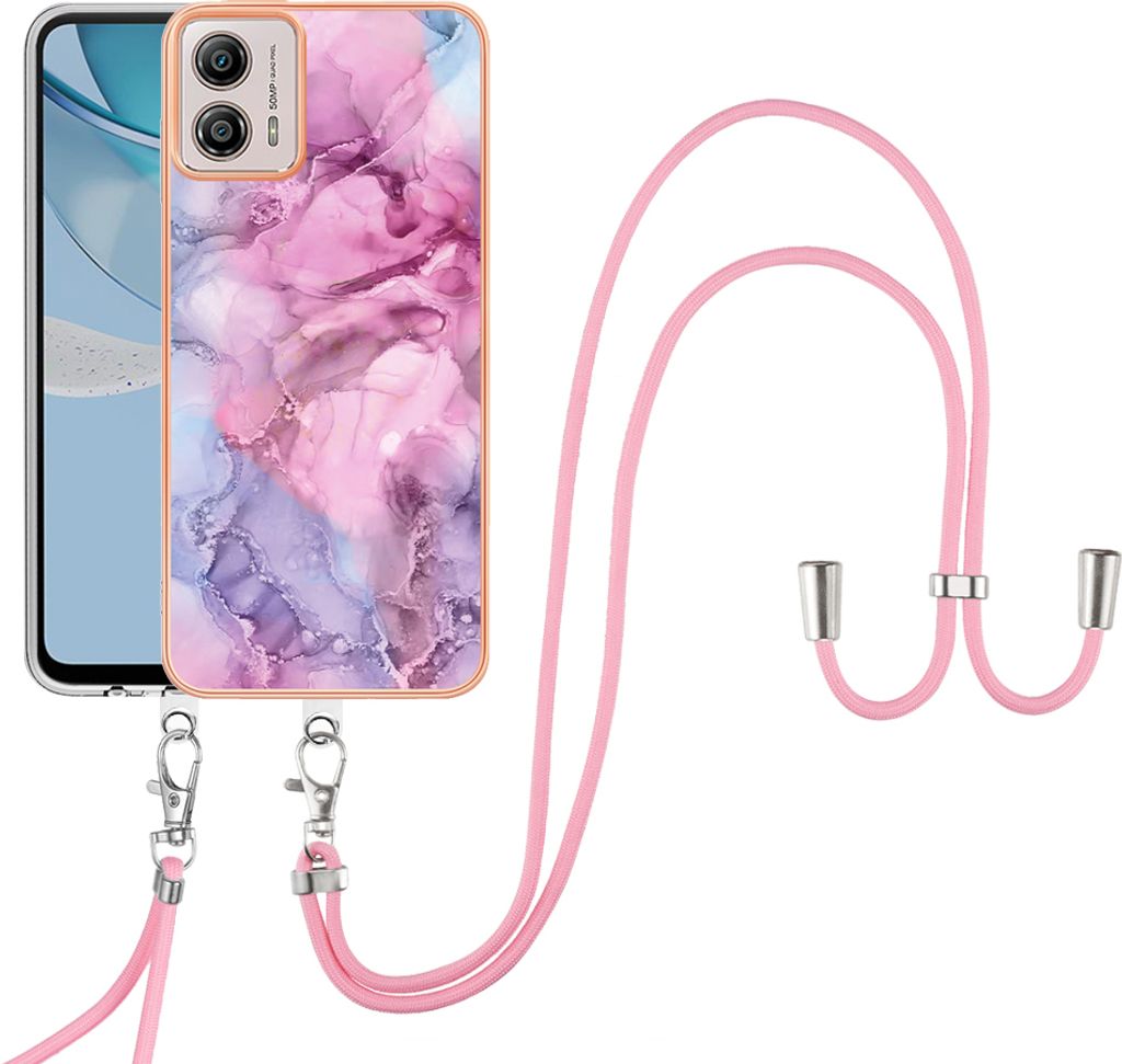 Moto G53 Handykette Hülle, Muster TPU Bumper Schutzhülle mit verstellbarem Tragegurt für Motorola Moto G53 Pink