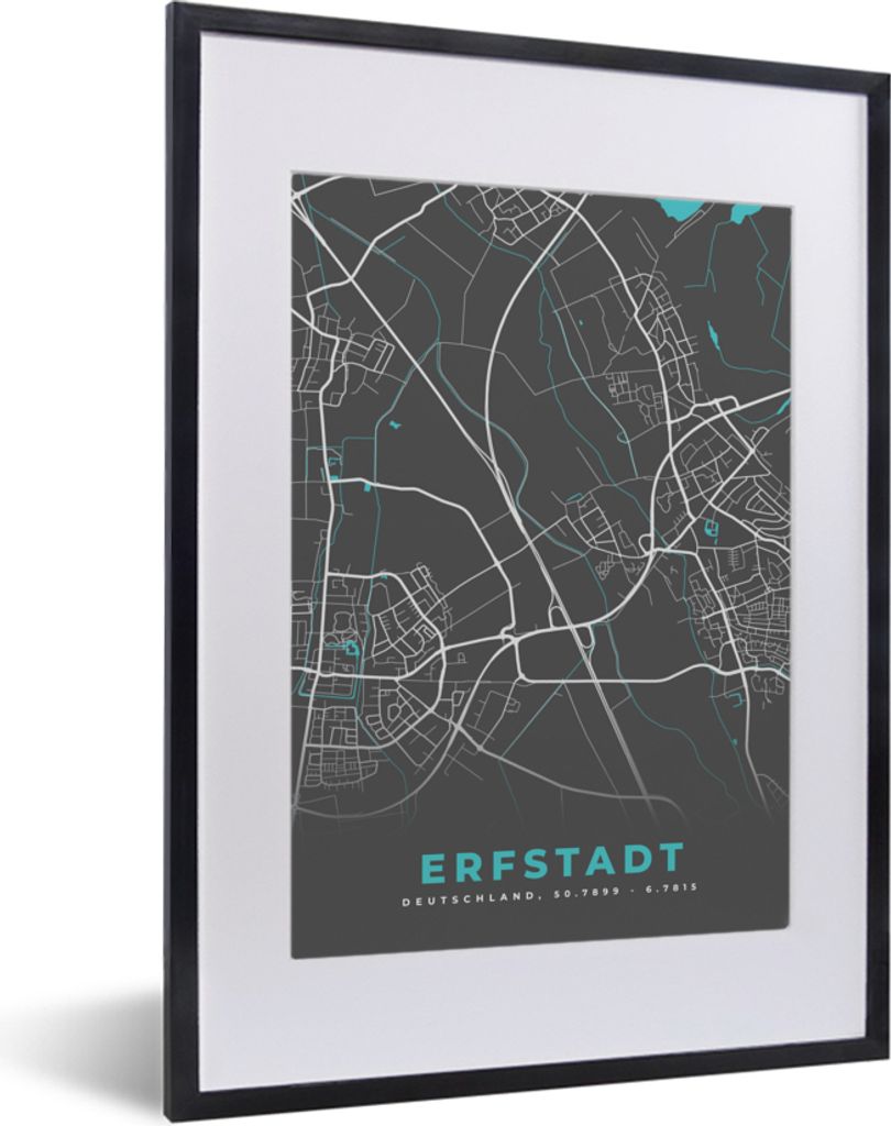 MuchoWow Gerahmtes Poster Erfstadt - Stadtplan - Blau - Karte - Deutschland 30x40 cm - Poster mit Schwarzem Bilderrahmen Wandposter Rahmen Foto B...