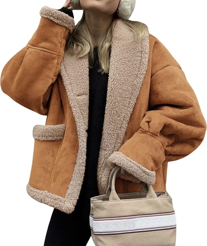 ASKSA Damen Oversized Fleecejacke Winterjacke Sherpa Futter Warm Knopfleiste Revers Kurz Jacke Vintage Faux Wildleder Mantel Plueschjacke (Braun,S)