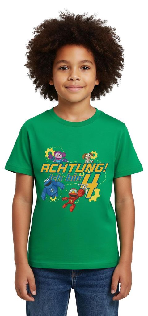 Spreadshirt Mecha Builders Kinderhelden Team Achtung Ich Bin 4 Kinder T-Shirt, 110/116 (5-6 Jahre), Kelly Green