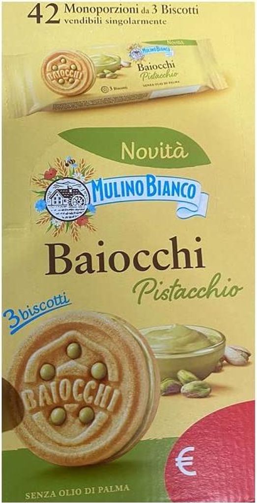 Mulino Bianco Baiocchi Pistacchio Kekse Gefüllt mit Köstlicher Pistaziencreme Ideal für Frühstück oder Snack Display mit 42 Einzelportionen à...