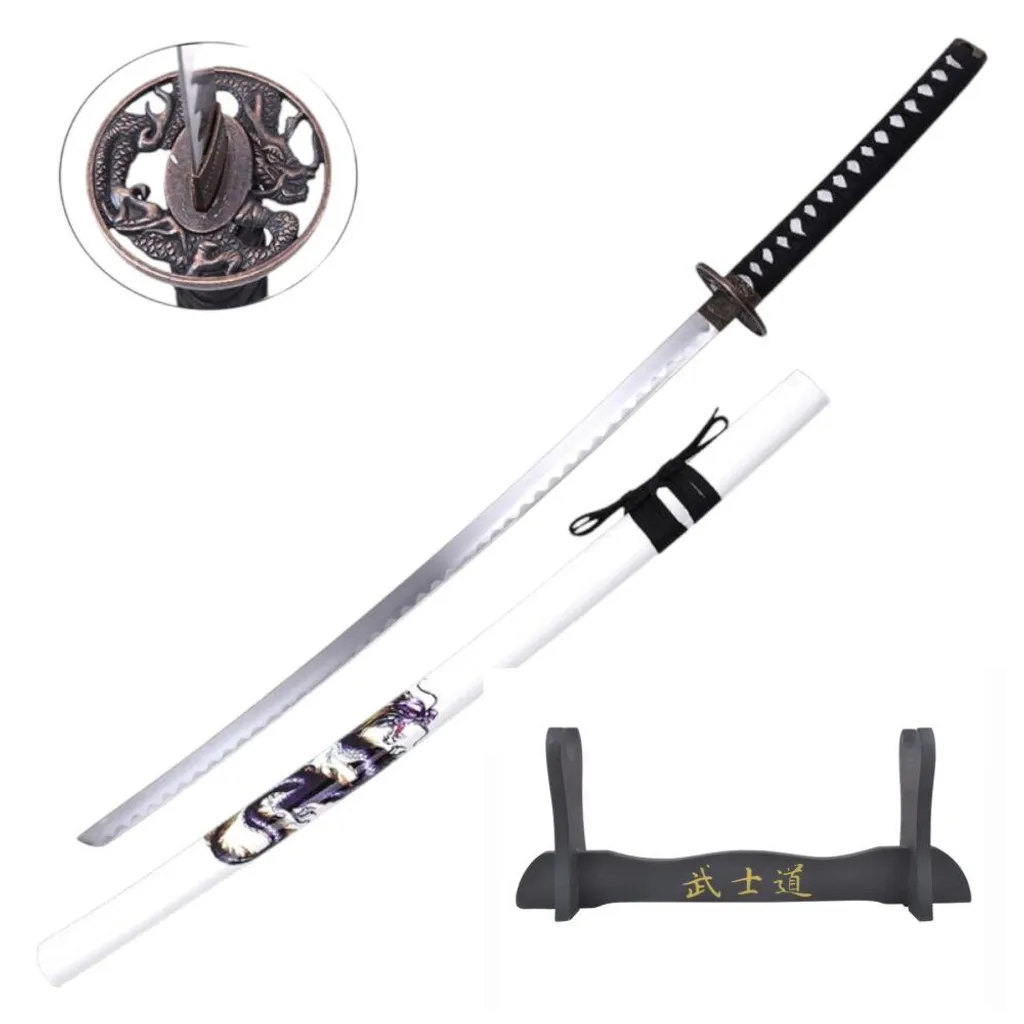 Katana avec Dragon Sculpté - Décoration Murale en Acier et Socle Bois