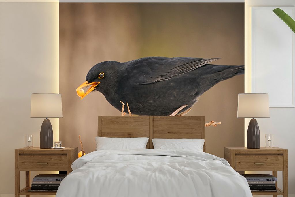 MuchoWow Fototapete für Wohnzimmer oder Schlafzimmer Wandtapete Vinyl Motivtapete Vogel - Amsel - Winter - Eis - Beere - 220x220 cm - Tapeten