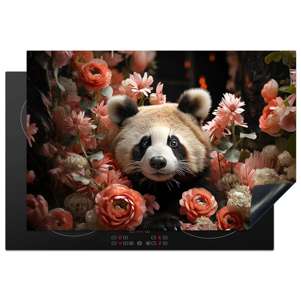 KitchenYeah Herdabdeckplatte Panda - Tier - Blumen - Natur - Botanisch , 76x51cm, Küche Deko, Glaskeramikkochfeld Herdabdeckung, Abdeckplatte f...