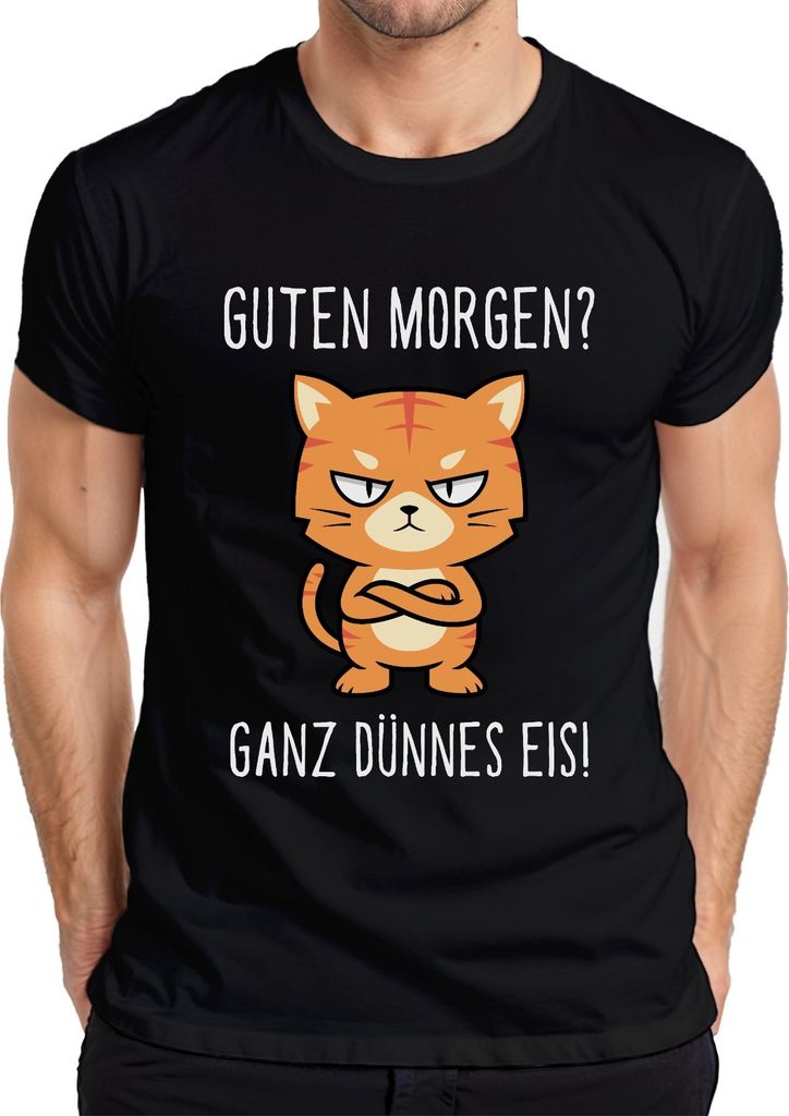 Guten Morgen Ganz dünnes Eis Grumpy Katze Morgenmuffel Spruch Herren T-Shirt, Schwarz, L