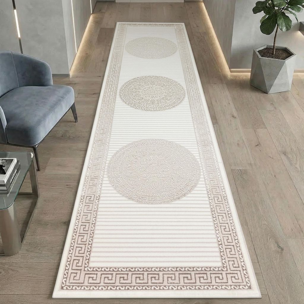 Glänzender Designerteppich mit Orientalischem Muster in weiß beige bronze Größe - 100 x 300 cm