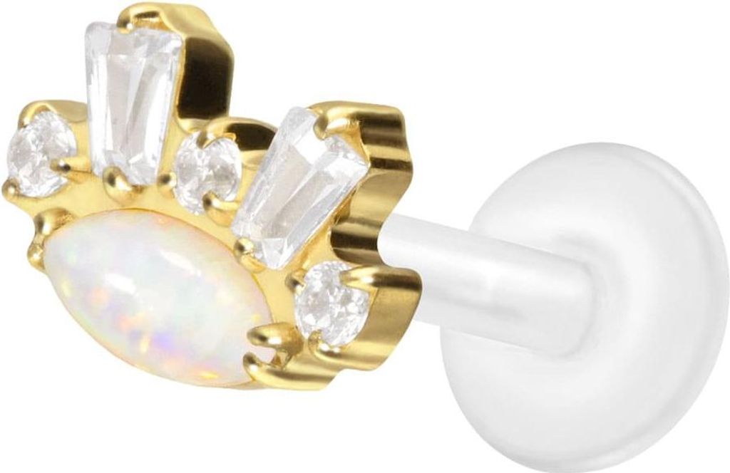 Ohrpiercing, Nasenpiercing PTFE Labret mit Innengewinde + Titan-Aufsatz SYNTHETISCHER OPAL+ KRISTALLE Gold Stablänge: 8mm | Stabstärke: 1,2mm