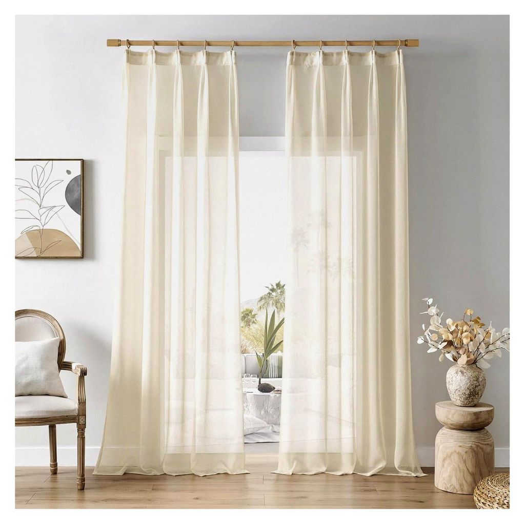 Beige Vorhänge mit Kräuselband, kurze Gardinen, transparent, 240 cm hoch für das Wohnzimmer, 140 cm breit, 2er Set Fertiggardinen