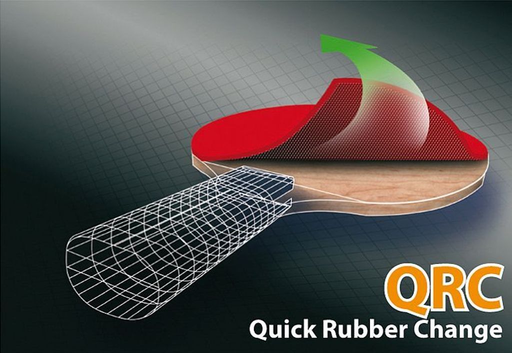 Diagram showing a table tennis racket with a red rubber layer being peeled back, illustrating a quick rubber change feature.