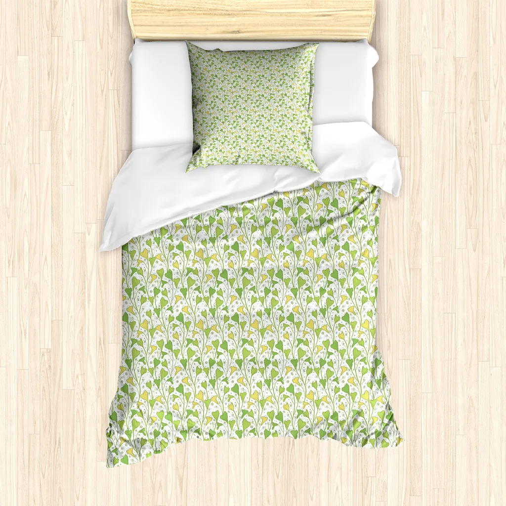 ABAKUHAUS Set copripiumino botanico per letti singoli, steli di spighe riccioluti, antiacaro, adatto a chi soffre di allergie, con federa, 135 cm x 200 cm - 80 x 80 cm, giallo verde mela