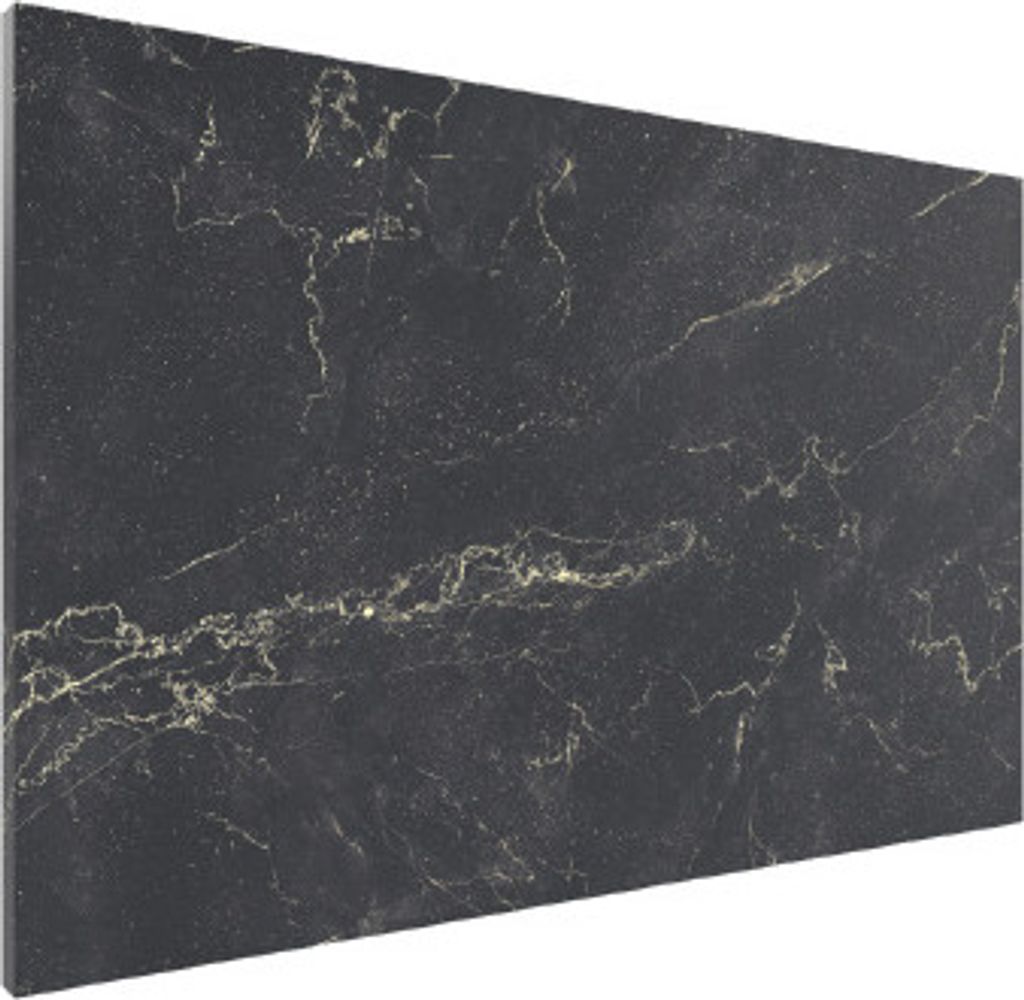 A close-up, angled view of a metallic magnetic board with a black marble pattern and gold veining.