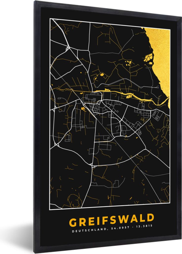 MuchoWow Gerahmtes Poster Schwarz und Gold - Stadtplan - Greifswald - Deutschland - Karte 40x60 cm - Poster mit Schwarzem Bilderrahmen Wandposter...
