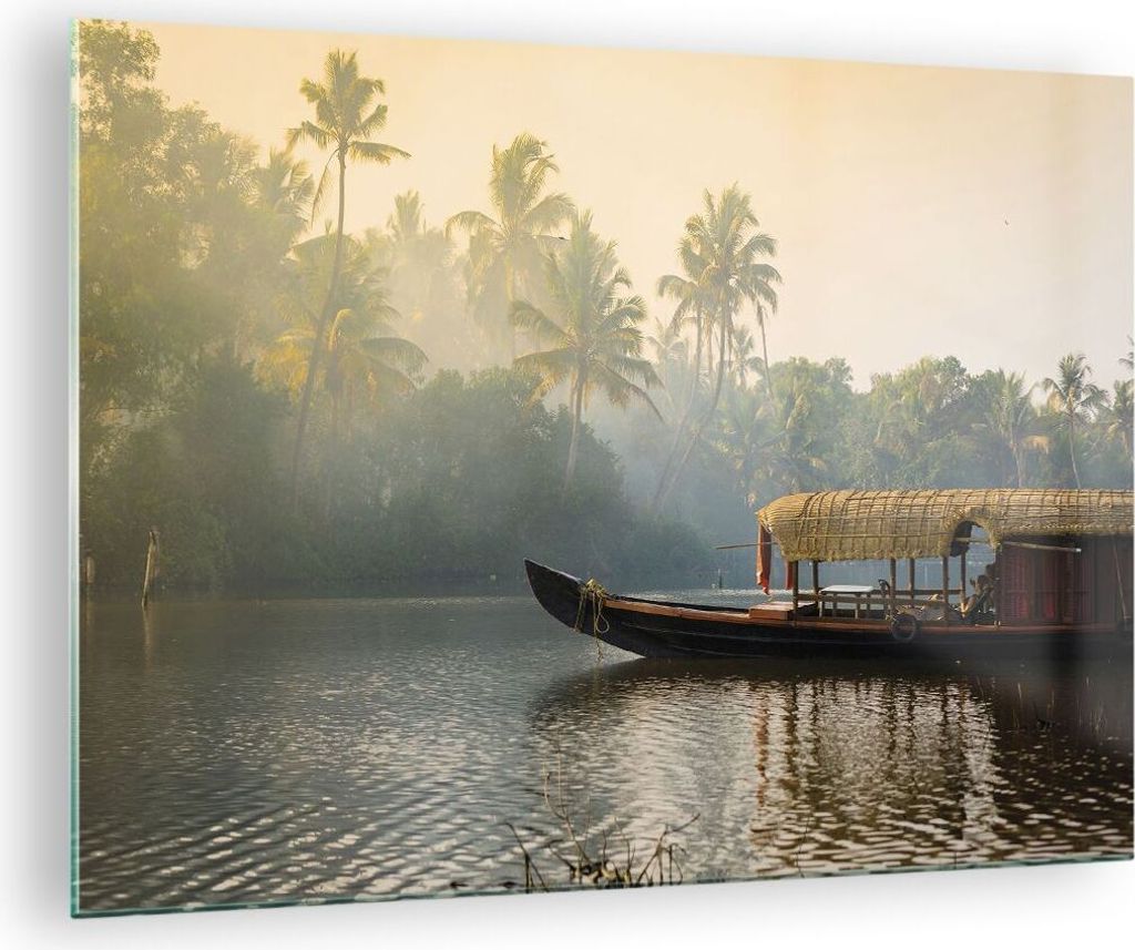 Bilder auf glas - Einteilig - Indien Boot Fluss - 70x50cm - Glasbilder - Wandbilder - Bilder - zum Aufhängen bereit - Wanddekoration aus Glas - Gl...