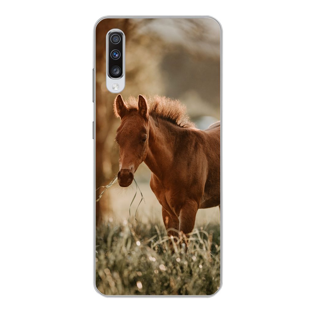 MuchoWow Handyhülle Schutzhülle Hülle für Samsung Galaxy A70 Pferd - Licht - Wiese Silikon Softcase Handy Hülle - Schutzhaube