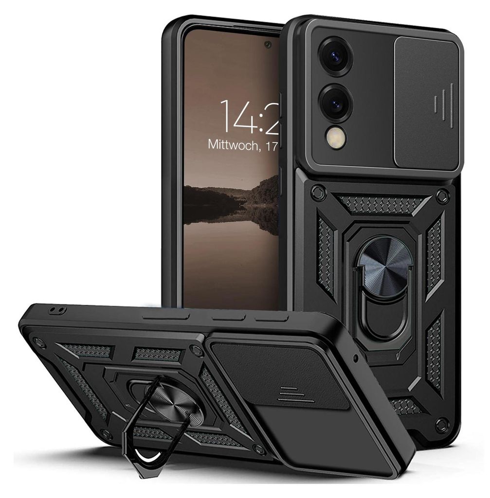 A black phone case with a sliding camera cover and a ring stand, shown from multiple angles.