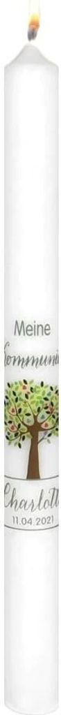 Kommunionkerze 400 x Ø 35 mm in Weiß "Meine Kommunion" mit Baum und Namensverzierung