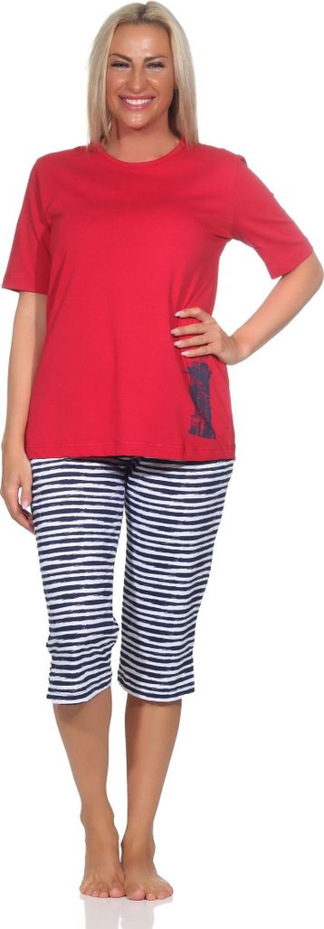 Normann Damen kurzarm Capri Schlafanzug Shorty in maritimer Optik - auch in Übergrößen ; rot , 40