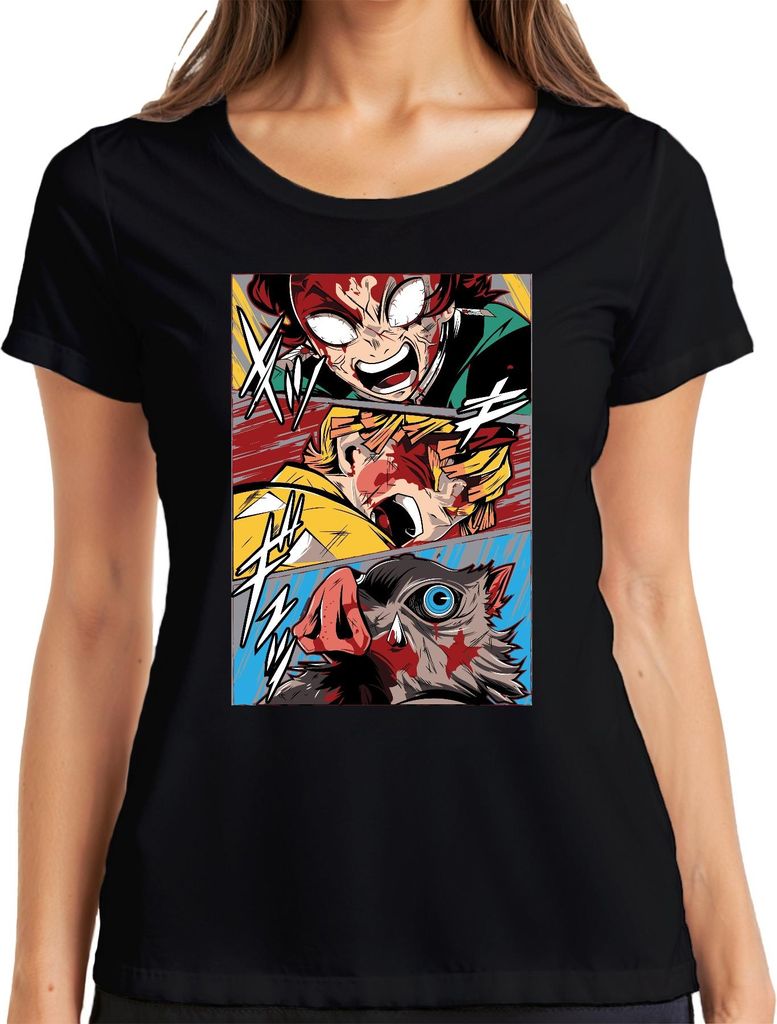 Manga Dämonenjäger Action Blut Anime Panel Geschenk Grunge Damen T-Shirt, Schwarz, S