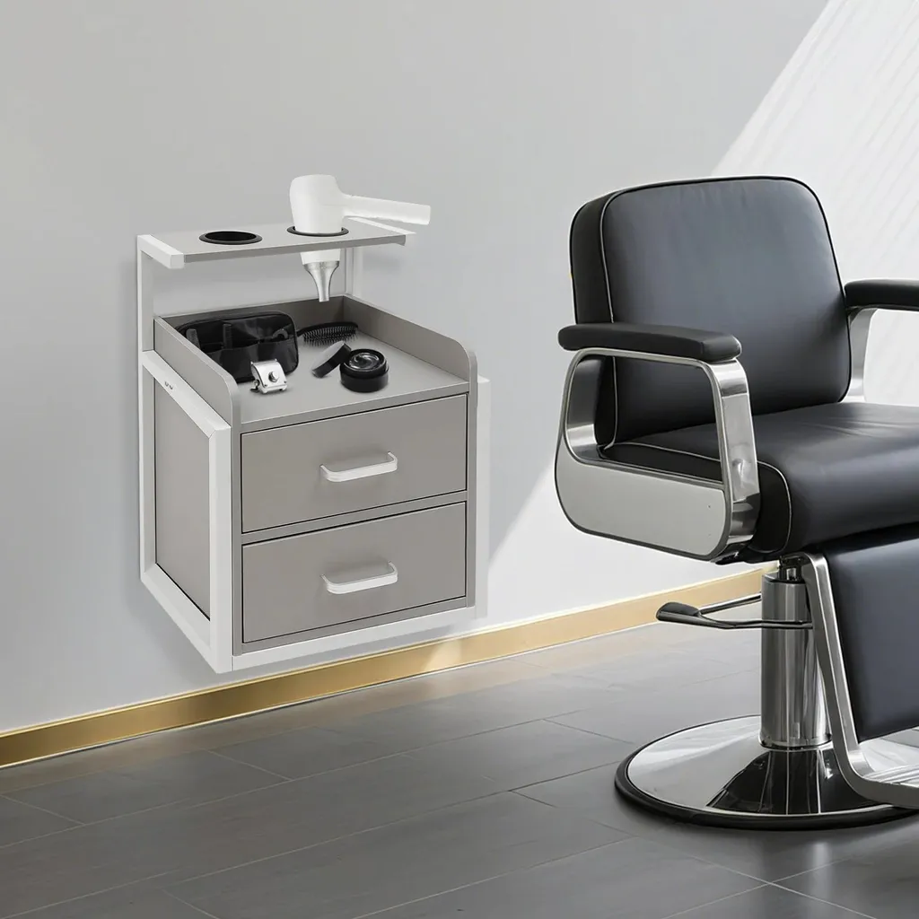 Armoire murale de salon à 2 tiroirs pour matériel de coiffure - Gris