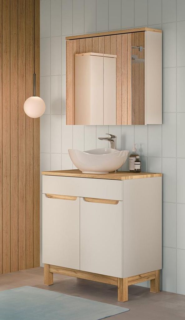 Badmöbel-Set 2-teilig mit 80 cm Waschtisch & Spiegelschrank in kaschmir und Eiche, modern grifflos - SOLNA-56-CASHMERE