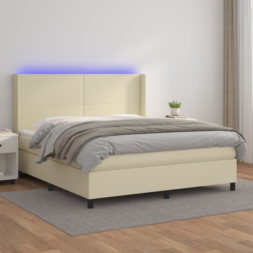 Eleganten-Stil Boxspringbett mit Matratze & LED Creme 180x200 cm Kunstleder,Klassische Betten CHY50356