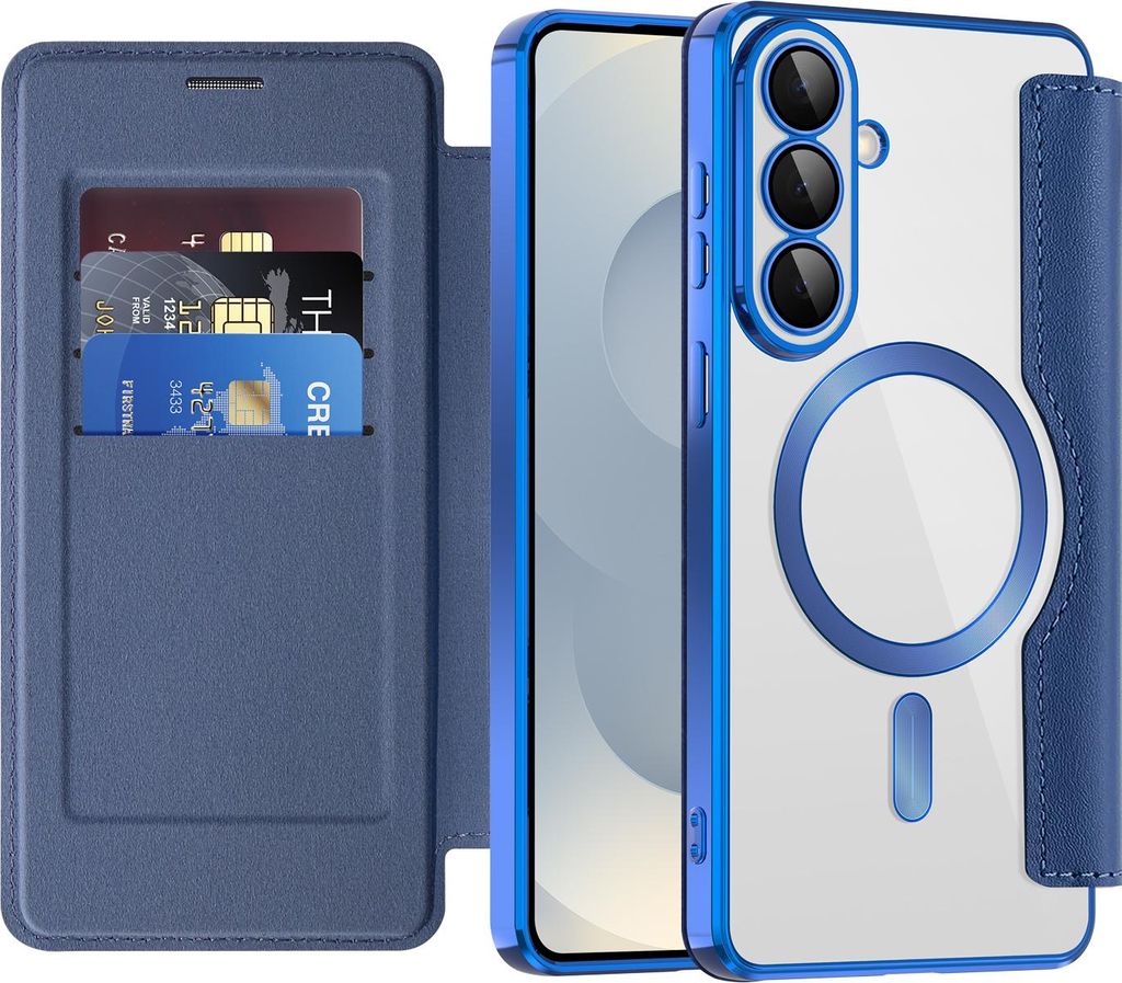 Klapphülle für Samsung Galaxy S26+ Kompatibel mit Magsafe, Klar Überzug Kartenhalter Ledertasche mit Kameraschutz Blau