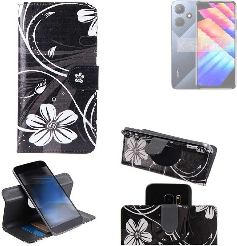 K-S-Trade Schutzhülle Handyhülle kompatibel mit Infinix Hot 30i X669C Hülle 360° Wallet Case “Flowers“ Klapphülle Hülle schwarz-weiß 1x
