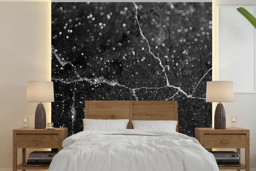 MuchoWow Fototapete für Wohnzimmer oder Schlafzimmer Wandtapete Vinyl Motivtapete Marmor - Schwarz - Weiß - 260x260 cm - Papiertapeten