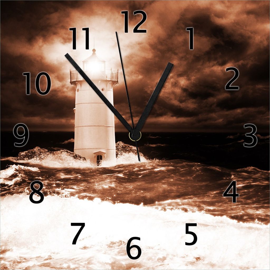 Wallario Design Wanduhr Abstrakter Leuchtturm im Wasser bei stürmischer See aus Echtglas, Größe 30 x 30 cm