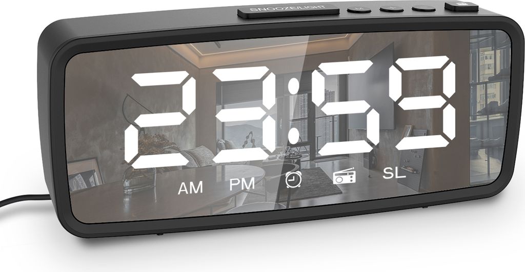 5.1'' Digitaler Radiowecker, Spiegelwecker, 3-Stufen-Dimmer, UKW-Radio mit Sleep-Timer, einstellbare Lautstaerke, Dunkelmodus, Wecker mit Schlummer...
