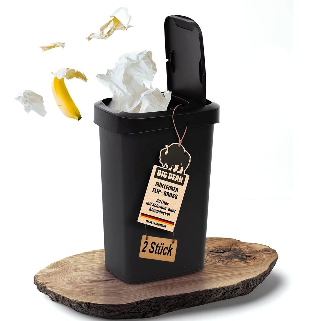 BigDean 2x Mülleimer 50 Liter Schwing & Klappdeckel schwarz Küche