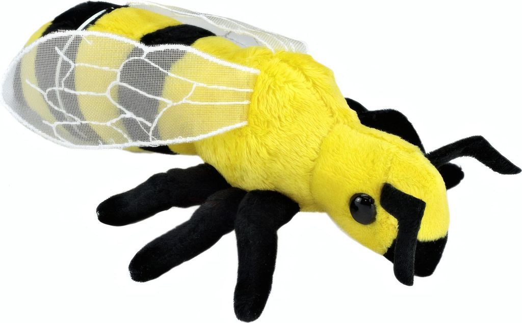 A plush toy bee is shown against a white background.