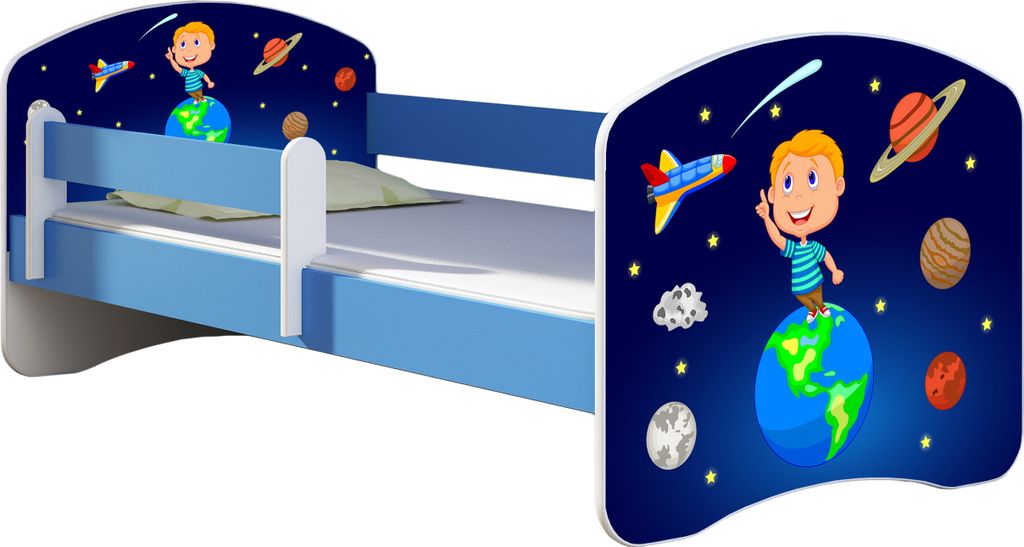 ACMA Jugendbett Kinderbett Junior-Bett Komplett-Set mit Matratze Lattenrost und Rausfallschutz Blau 22 Kosmos 180x80