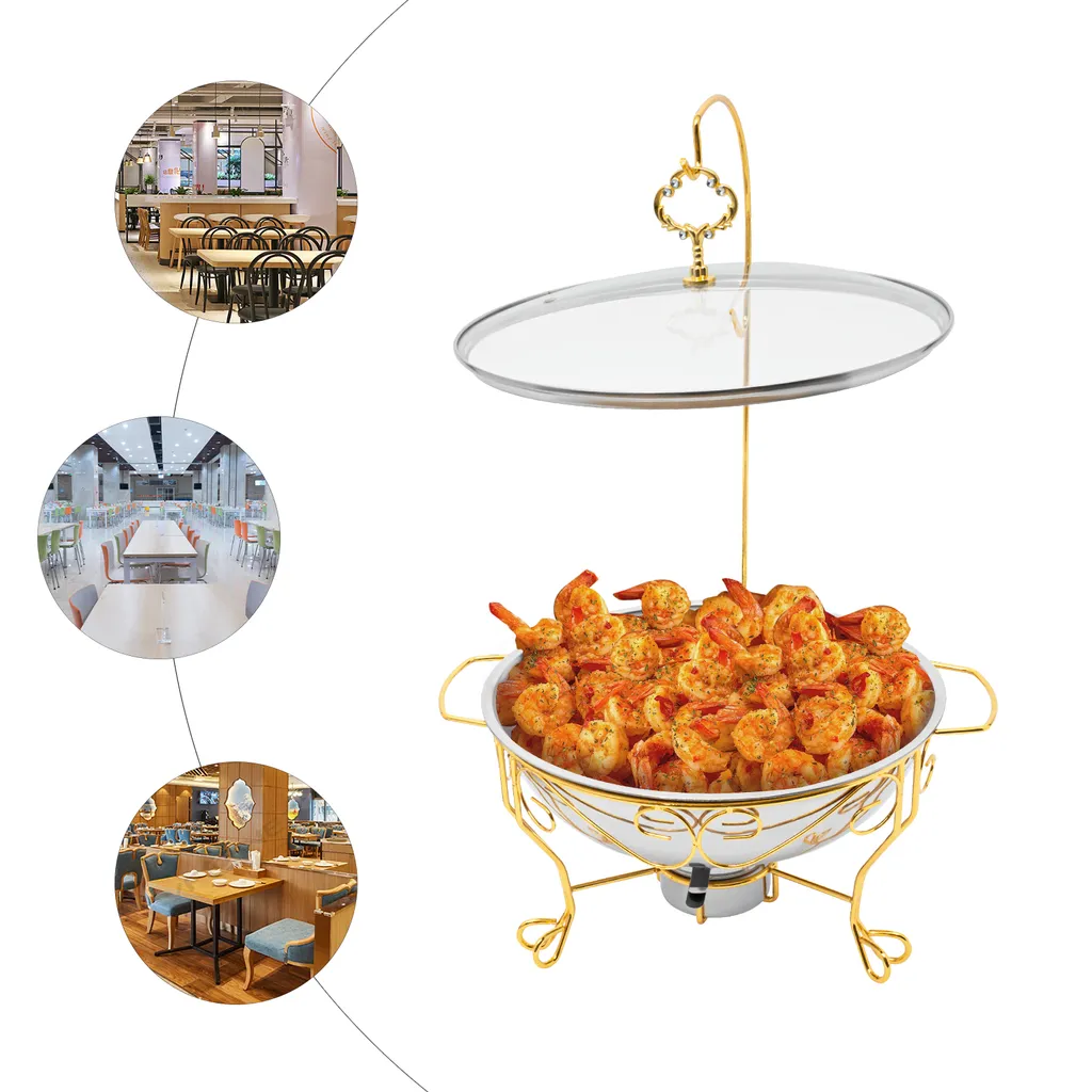 Chafing Dish en Inox Doré Luxe avec Couvercle de Visualisation en Verre