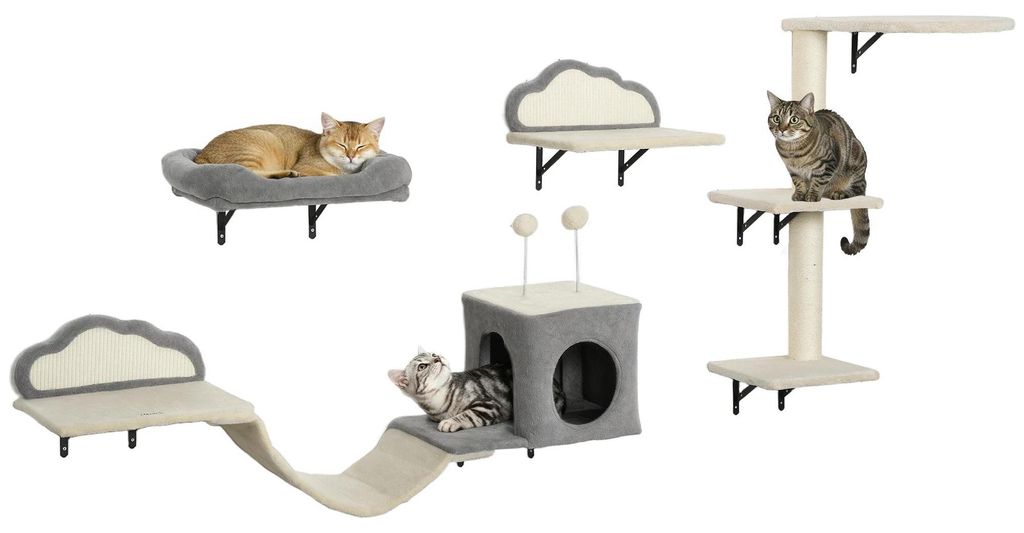 Kletterwand für Katzen - Wandmontierter Kletterbaum - 4-teiliges Set - Holz - Mit Kratzbrett und Liegefläche - Drei Ebenen