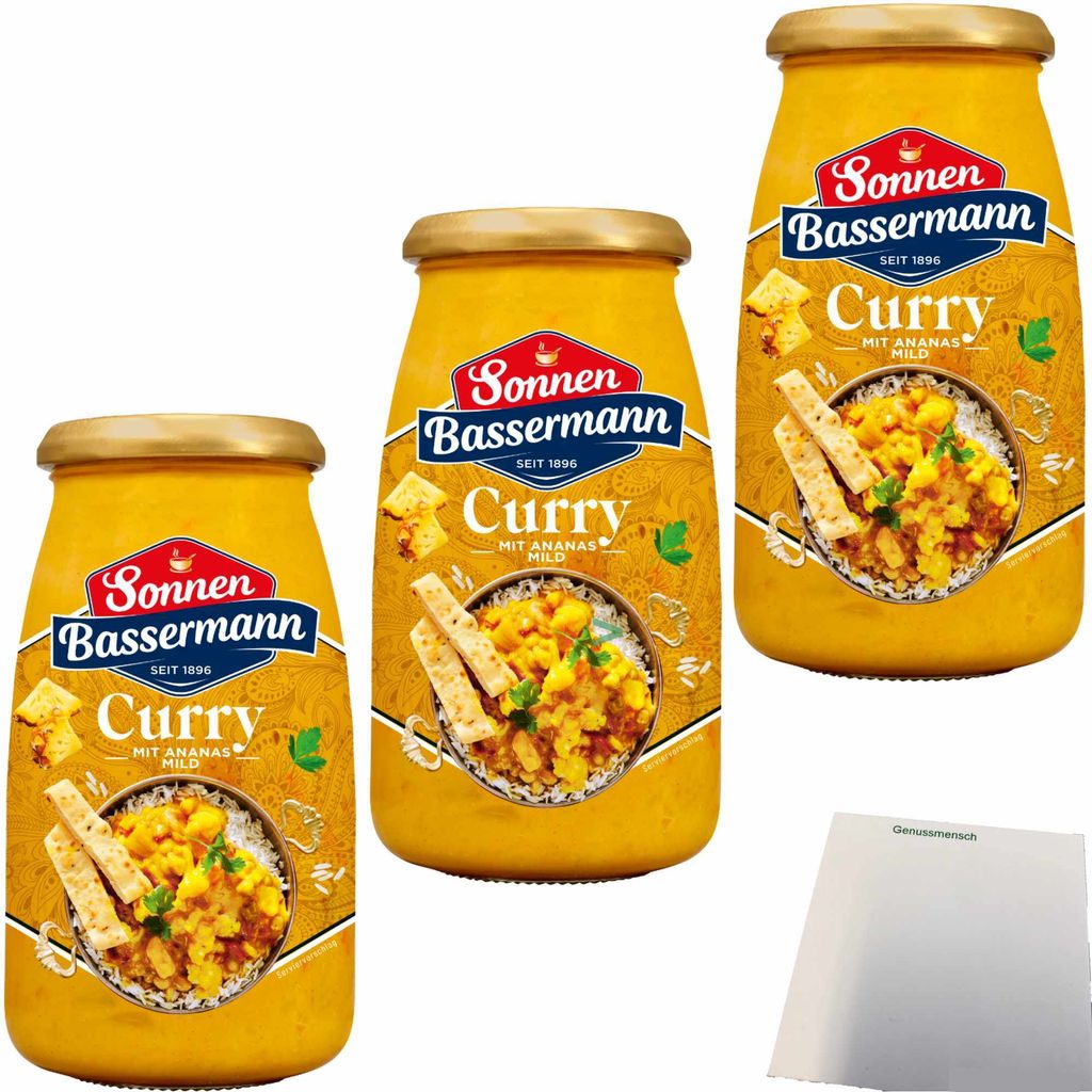 Sonnen Bassermann Curry Sauce mit Ananas 3er Pack (3x520g Glas) + usy Block
