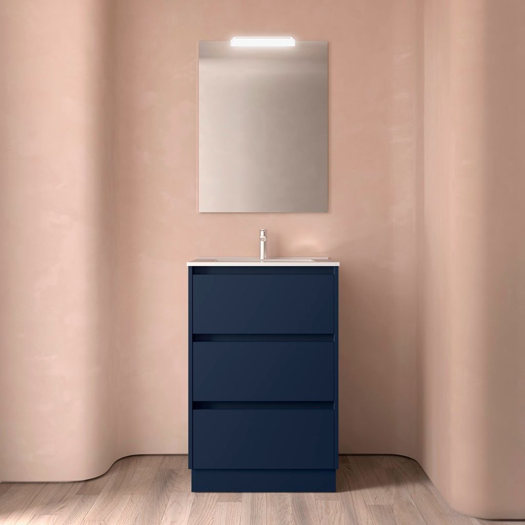 Noja Komplett-Set 600 3 Schubladen BLUE SATIN + Waschtisch + Spiegel + Leuchte