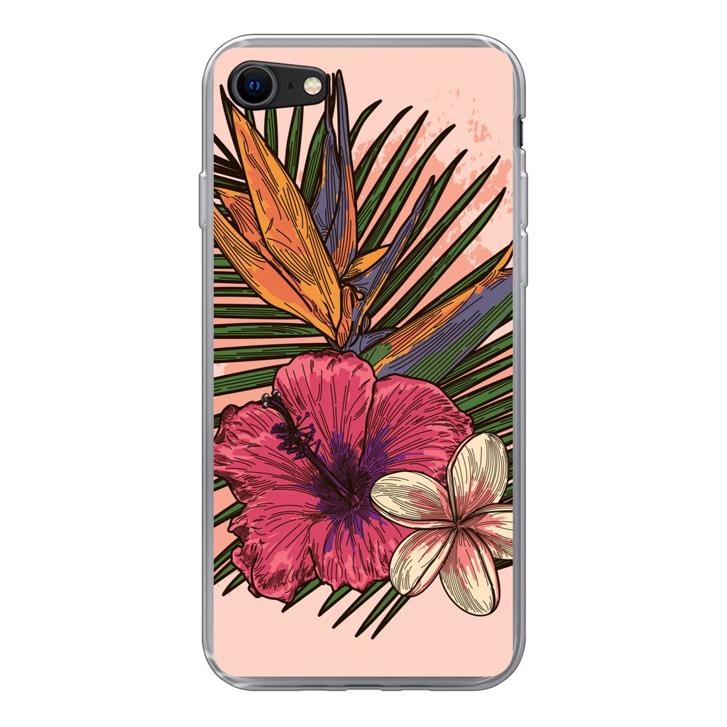 MuchoWow Handyhülle Schutzhülle Hülle für iPhone 7 Blumen - Tropisch - Rosa Silikon Softcase Handy Hülle - Kartenhalter