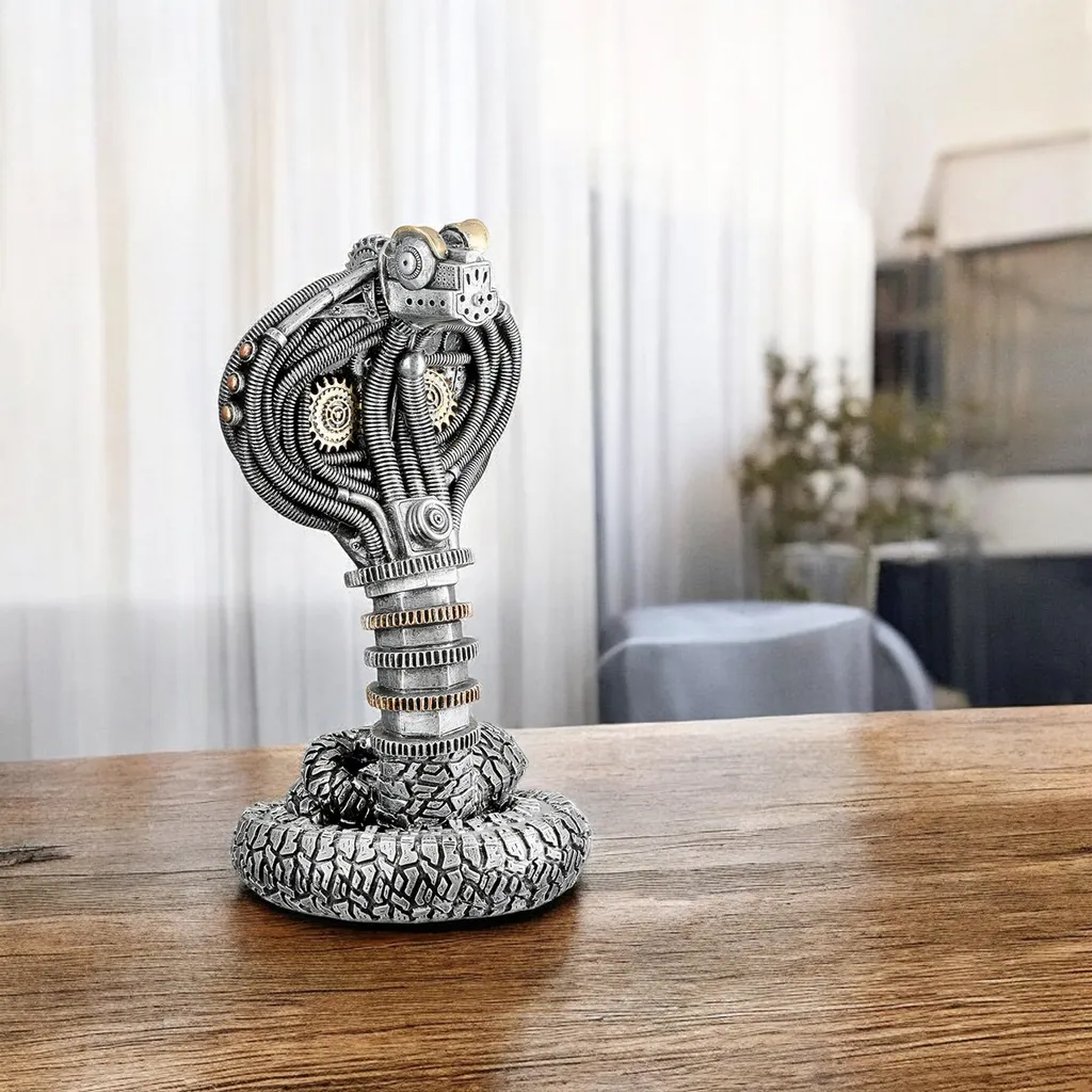 Sculpture Cobra Steampunk en Résine Argent 30cm - Détails Mécaniques